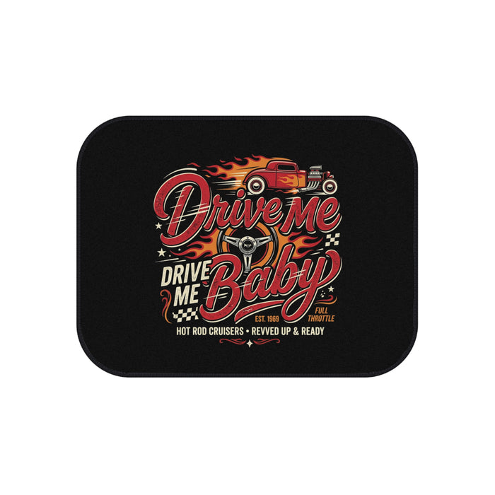 Car Mats — "Drive Me Baby" Retro Hot Rod Floor Mat Set (4-Pack)