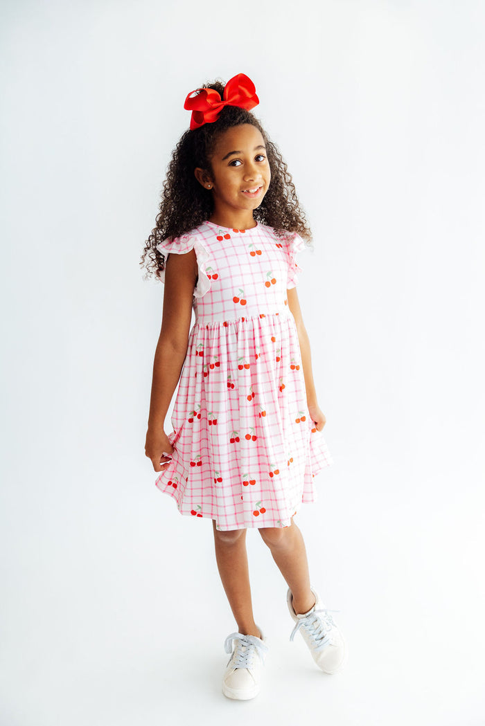 Cherry Sweet Flutter Sleeve Twirl Dress-Mila & Rose ®