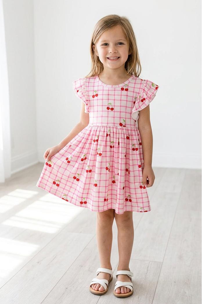 Cherry Sweet Flutter Sleeve Twirl Dress-Mila & Rose ®
