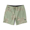 Sage green Chiller Scallop boardshorts with cream and coral swirl pattern, flat lay on white background