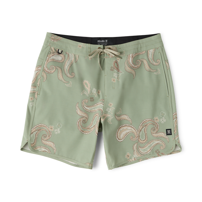 Sage green Chiller Scallop boardshorts with cream and coral swirl pattern, flat lay on white background