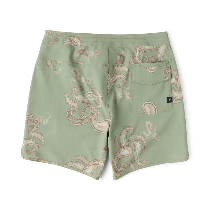 Chiller Scallop Boardshorts in dusty sage green with cream and coral swirl print, flat lay back view showing rear pocket