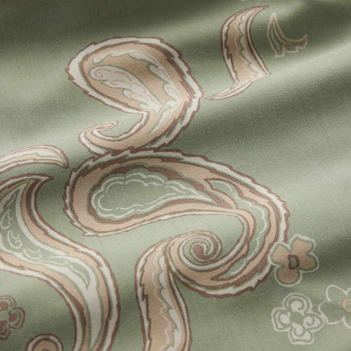 Chiller Scallop Boardshorts in dusty sage with ornate cream and mauve embroidered pattern detail on fabric