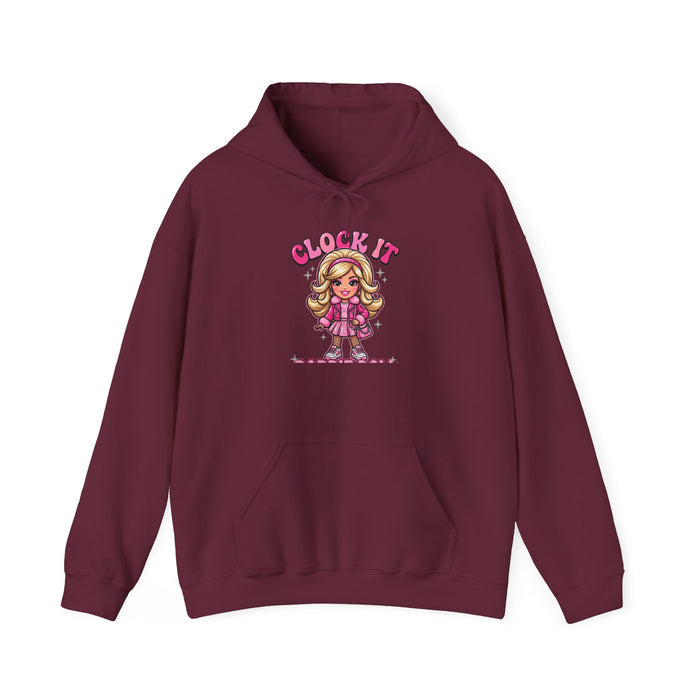 Clock It Girl Hoodie — Retro Pink Cartoon Girl Graphic Sweatshirt