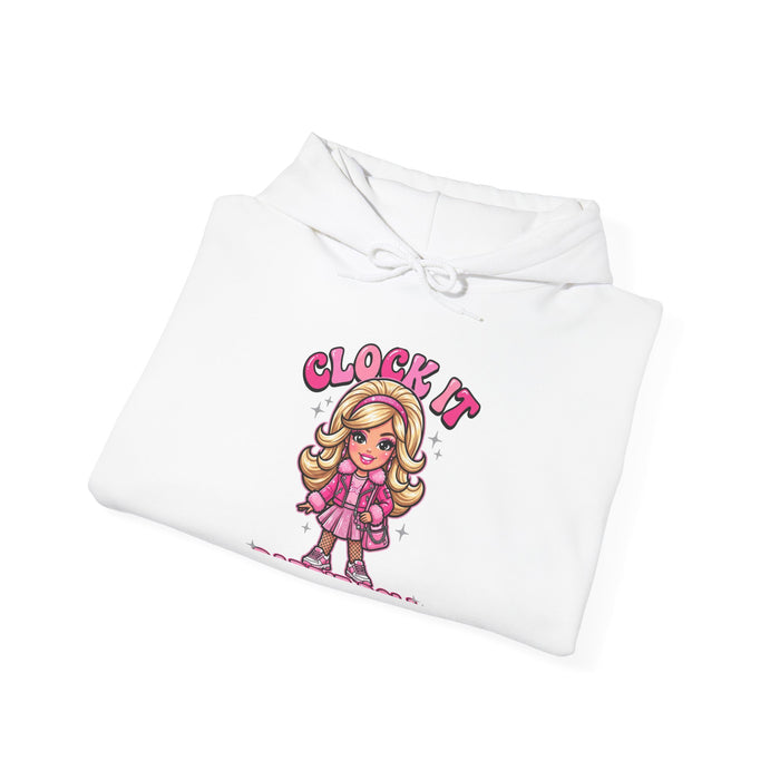 Clock It Girl Hoodie — Retro Pink Cartoon Girl Graphic Sweatshirt