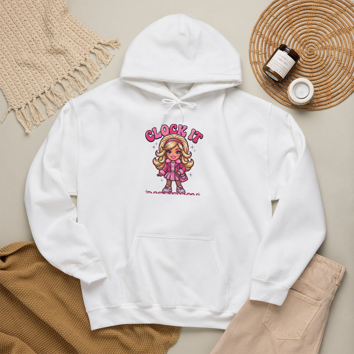 Clock It Girl Hoodie — Retro Pink Cartoon Girl Graphic Sweatshirt