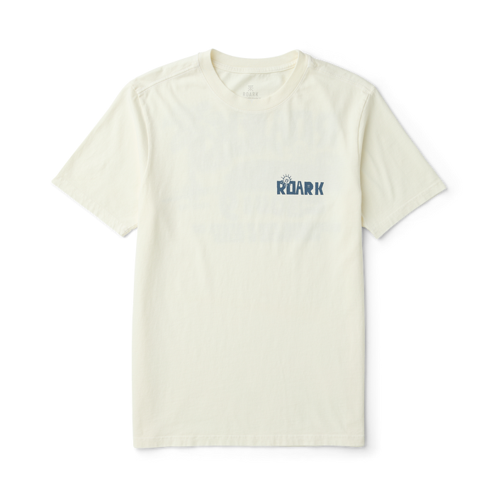 Close-up of a grey Roark active shirt sleeve with a distinctive label, ideal for adventure and travel wear.