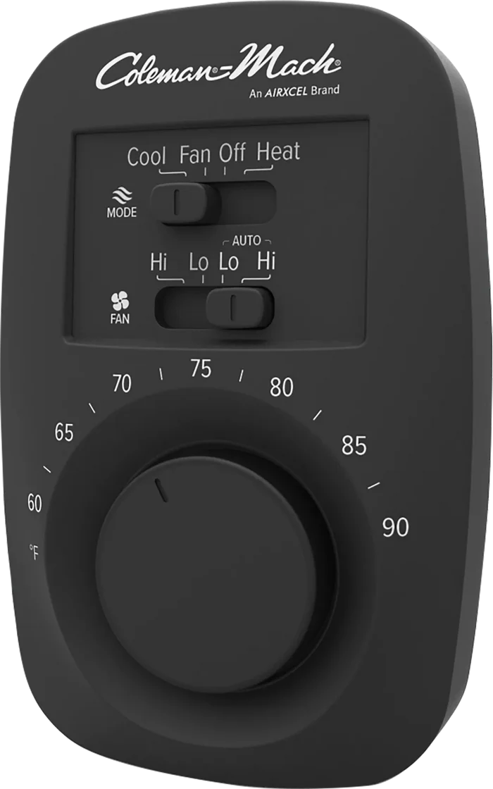 Black Coleman Mach Wall Thermostat 9420-351 Analog Heat Cool Control - Front View | United RV Parts