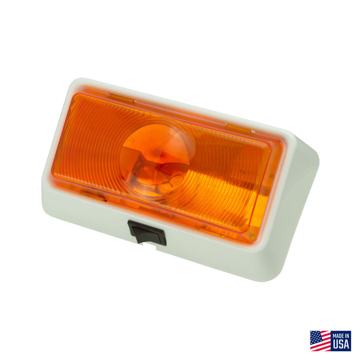Command 12V RV Porch Light White Base Amber Lens with Switch - Angled Front View | United RV Parts