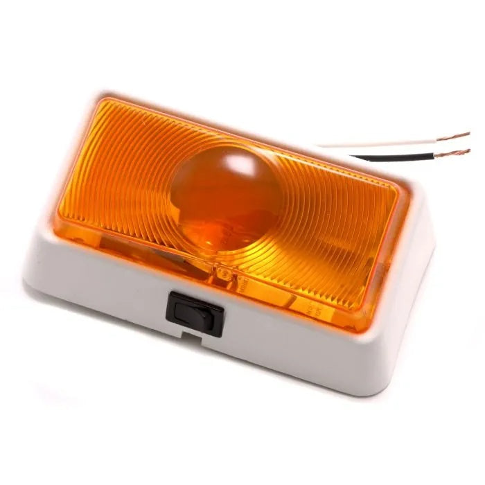 Command 12V RV Porch Light Amber Lens White Base with Wiring Leads - Side Angle | United RV Parts