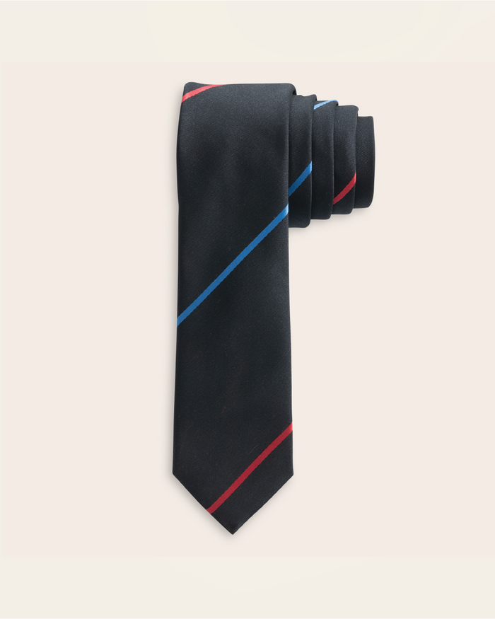 Black tie with blue and red stripes