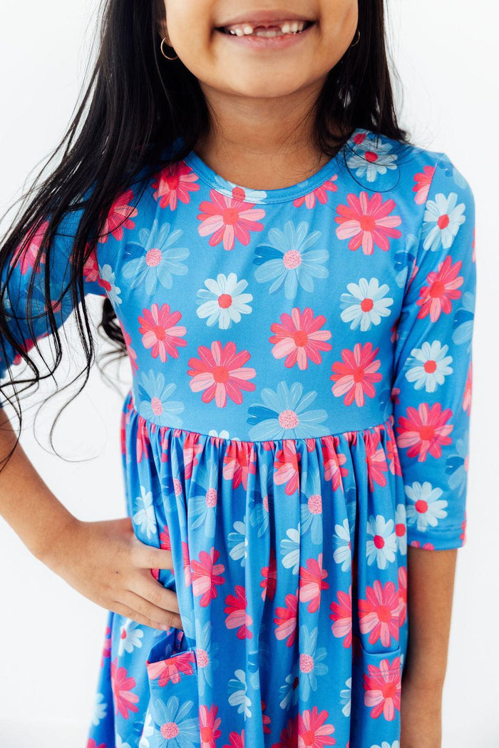 Cotton Candy Daisy 3/4 Sleeve Pocket Twirl Dress-Mila & Rose ®