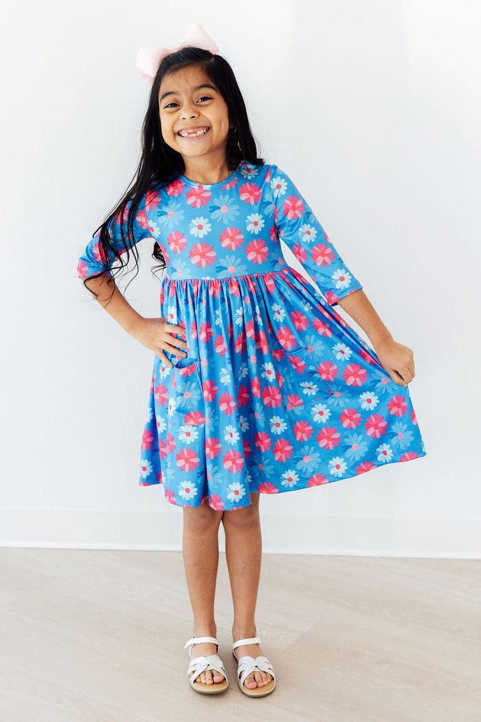 Cotton Candy Daisy 3/4 Sleeve Pocket Twirl Dress-Mila & Rose ®