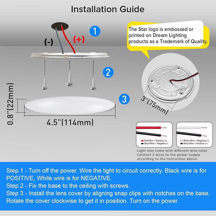 LED RV Ceiling Light DL-0016264-C4-1PK Install Guide - Wiring Polarity and Screw Mounting Detail | United RV Parts
