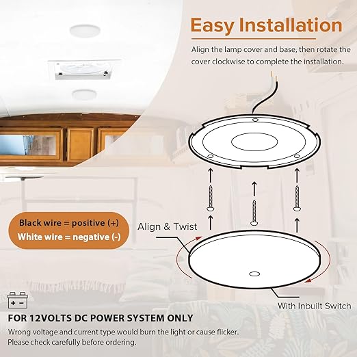 12V DC RV LED Ceiling Light Installation Diagram - Align and Twist Mount Method | United RV Parts