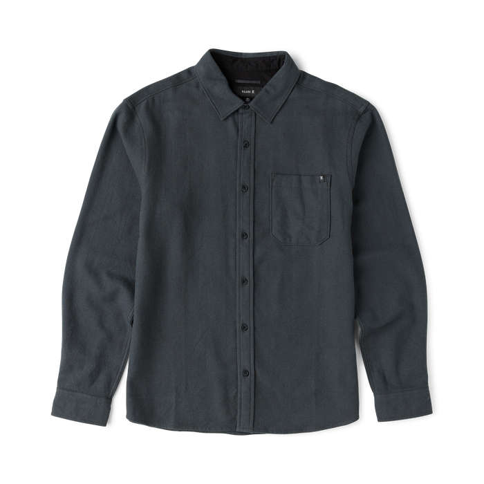 Crossroads dark charcoal organic cotton flannel shirt with button front and chest pocket, displayed flat against white background