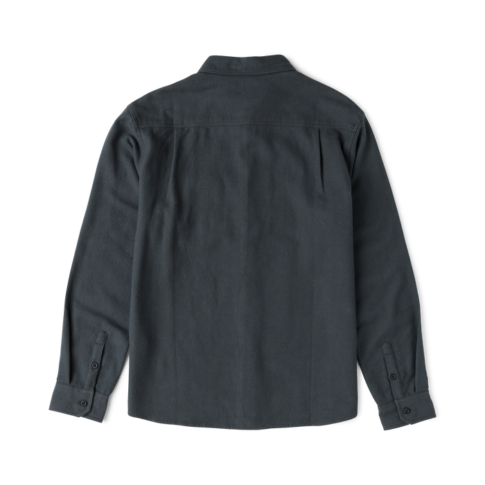 Crossroads organic cotton flannel shirt in dark charcoal, displayed flat lay against white background showing back view and button cuffs