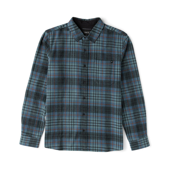 Crossroads organic cotton flannel shirt in dark slate plaid with blue, charcoal and burgundy tones, displayed flat lay on white background