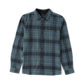 Crossroads organic cotton flannel shirt in dark slate plaid with blue, charcoal and burgundy tones, displayed flat lay on white background
