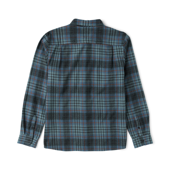 Crossroads organic cotton flannel shirt in dark slate plaid with blue and red grid pattern, displayed flat on white background