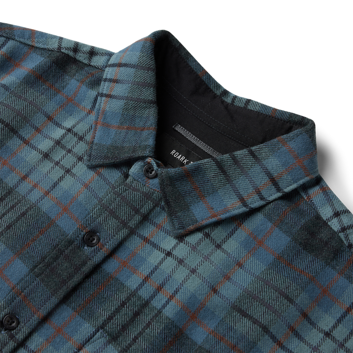 Crossroads Organic Cotton Flannel in dark slate blue with rust and charcoal plaid pattern