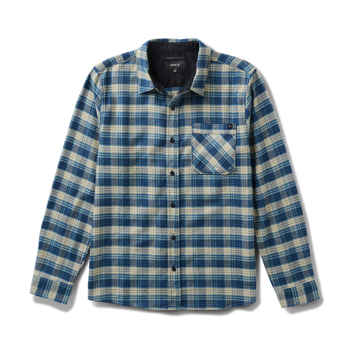 Plaid and denim tartan dress shirt by Roark, perfect for adventure and travel