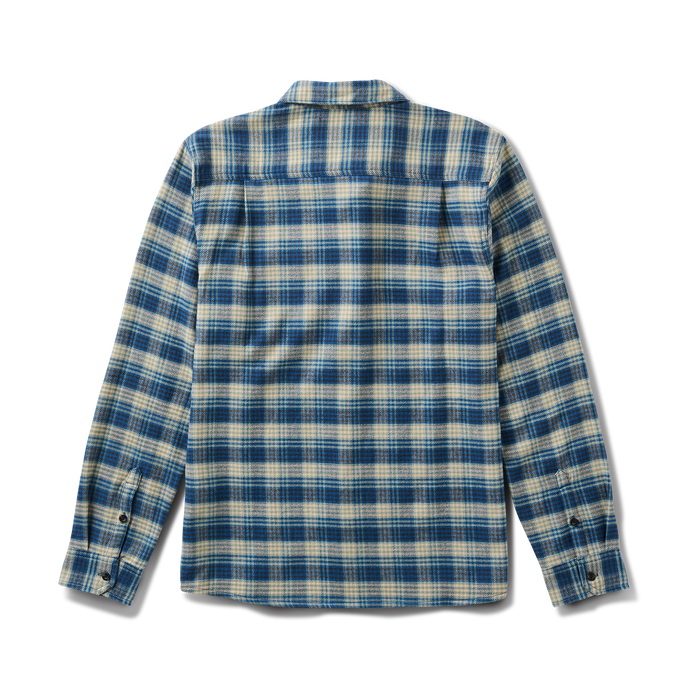 Stylish blue plaid dress shirt with collar and buttons, perfect for outdoor adventures and travel.