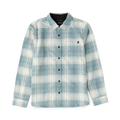 Crossroads organic cotton flannel shirt in hazy blue and cream plaid pattern, displayed flat on white background