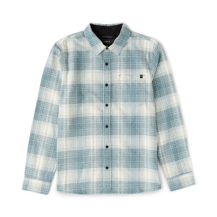 Crossroads organic cotton flannel shirt in hazy blue and cream plaid pattern, displayed flat on white background