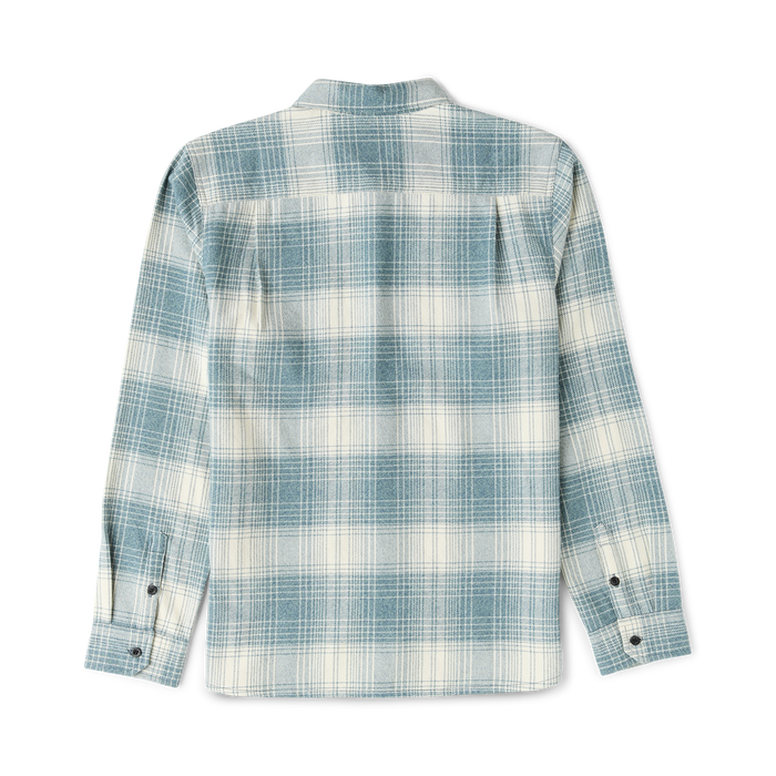 Crossroads organic cotton flannel shirt in hazy blue and cream plaid pattern, shown flat lay from back view