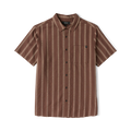 Roark Crosswinds button up shirt in coco bean brown with vertical tan stripe pattern, displayed flat lay on white background