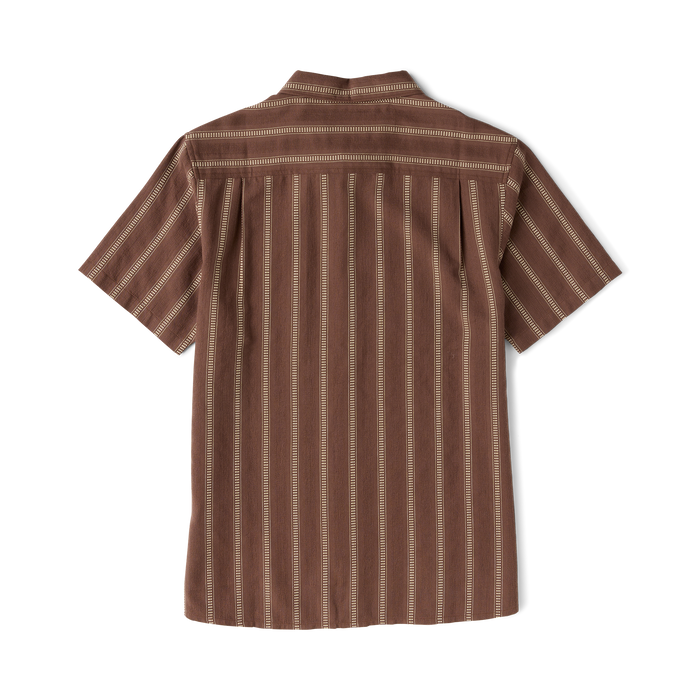 Brown Crosswinds button-up shirt with cream vertical striping, displayed flat lay against white background showing back view