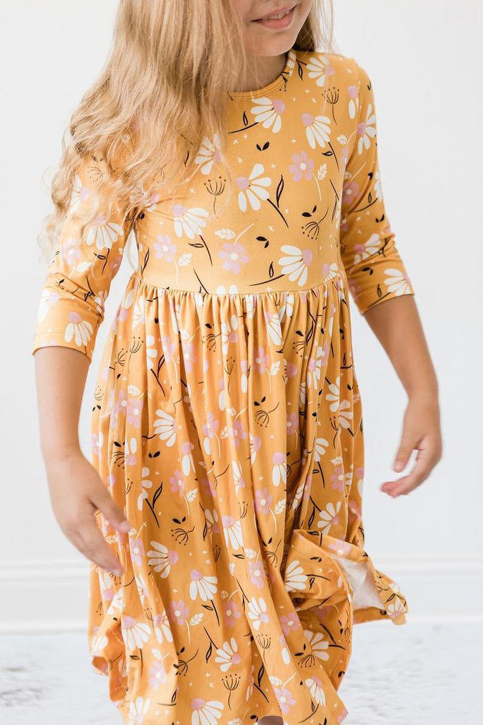 (V) Dandelions in Fall 3/4 Sleeve Pocket Twirl Dress-Mila & Rose ®