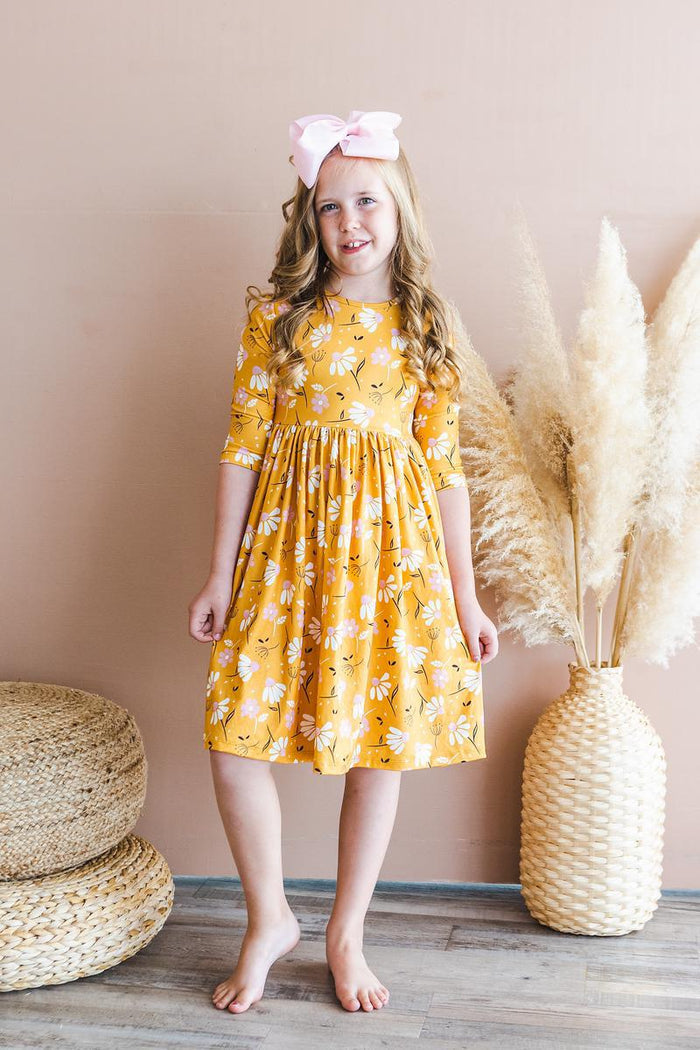 (V) Dandelions in Fall 3/4 Sleeve Pocket Twirl Dress-Mila & Rose ®