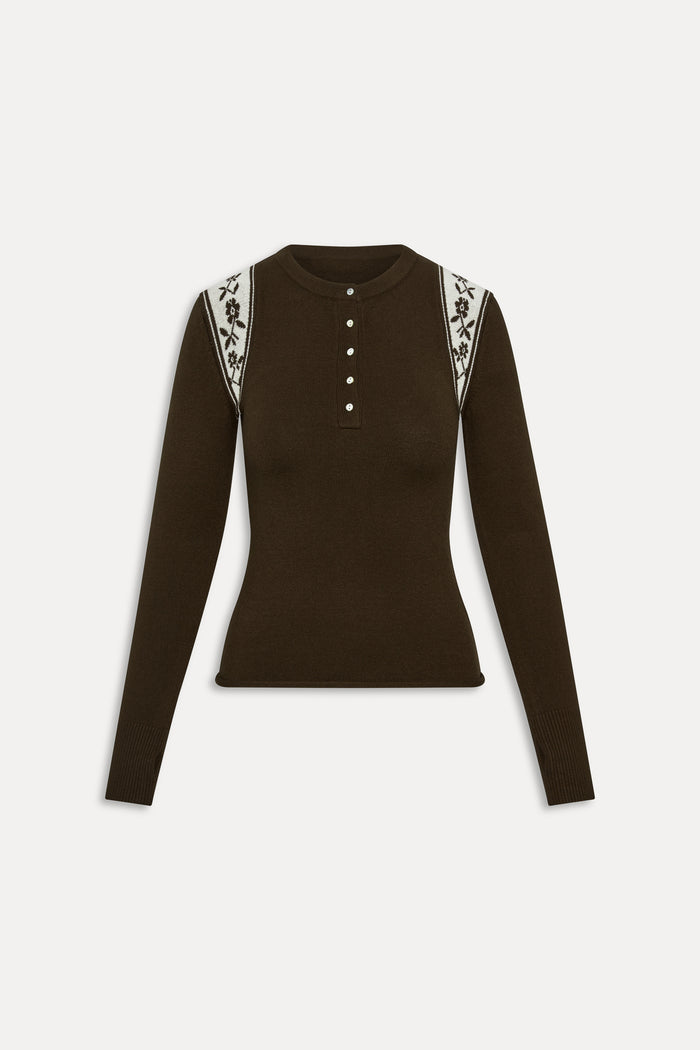 Darling Cloud Knit Long Sleeve Henley  - Chocolate Brown