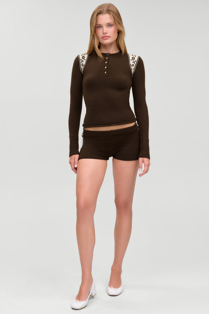 Darling Cloud Knit Long Sleeve Henley  - Chocolate Brown