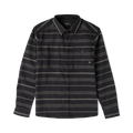 Black striped long sleeve flannel shirt with gray horizontal stripes displayed flat lay against white background