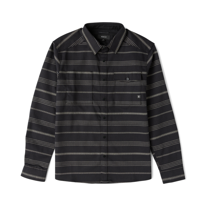 Black striped long sleeve flannel shirt with gray horizontal stripes displayed flat lay against white background