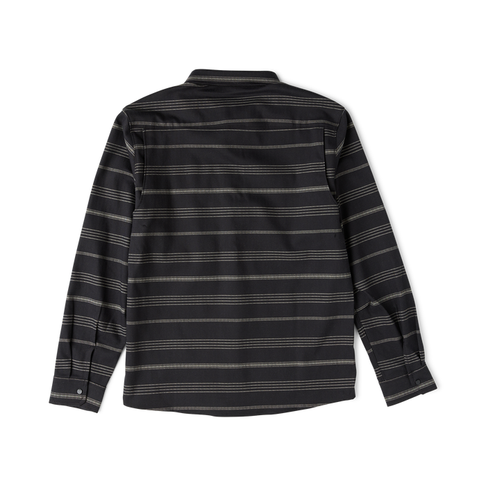 Roark Diablo long sleeve flannel in black with gray horizontal stripes, shown flat against white background from back view