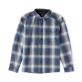 Diablo long sleeve flannel in slate blue and white plaid pattern, displayed flat lay showing front button closure and chest pocket