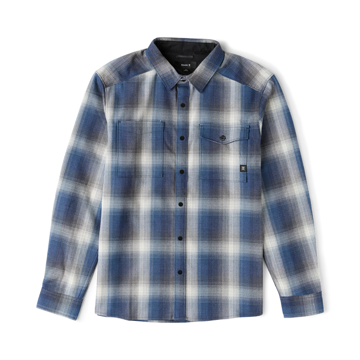 Diablo long sleeve flannel in slate blue and white plaid pattern, displayed flat lay showing front button closure and chest pocket