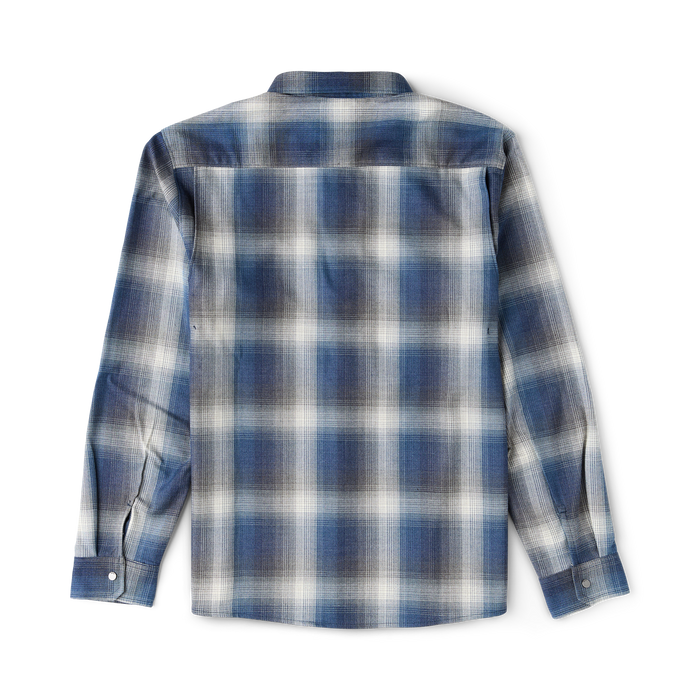 Diablo long sleeve flannel shirt in slate blue and white plaid pattern, shown flat lay on white background