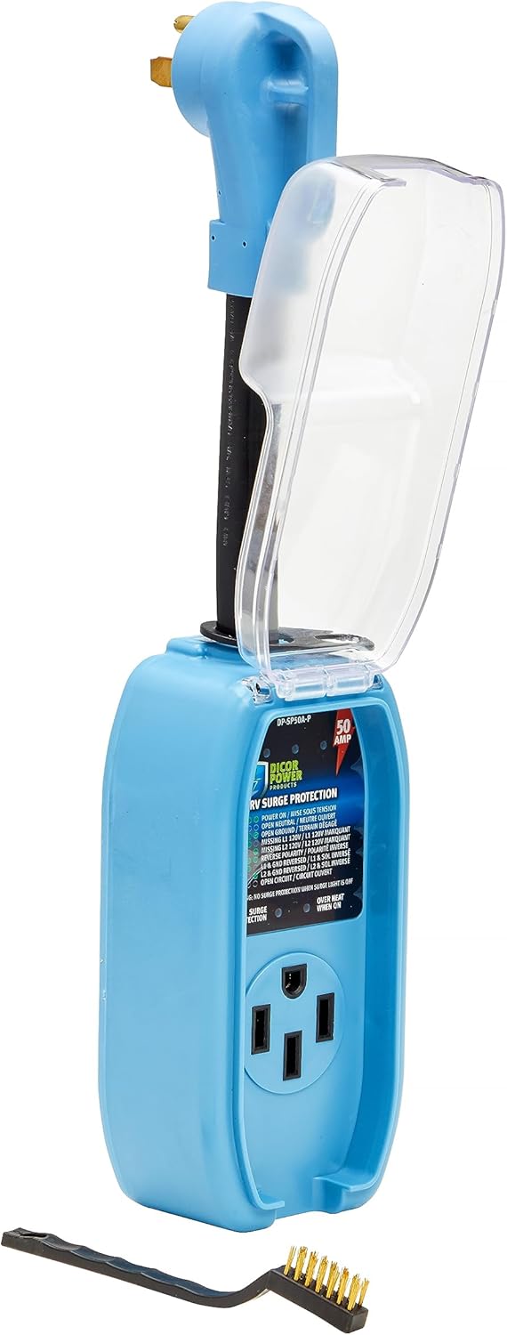 Blue Dicor 50 Amp RV Surge Protector with Clear Cover - Side Angle | United RV Parts