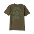 Olive green short-sleeve tee with circular graphic print reading "Adventure Never Fails Roark" on back, flat lay view