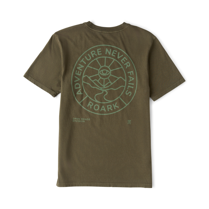 Olive green short-sleeve tee with circular graphic print reading "Adventure Never Fails Roark" on back, flat lay view