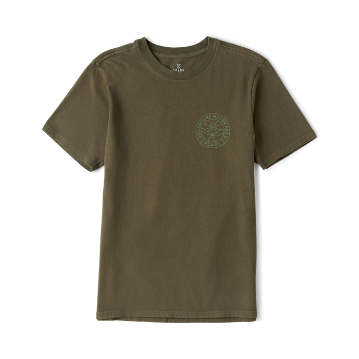 Olive green short sleeve t-shirt with circular chest logo graphic on flat lay display