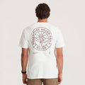 White short-sleeve t-shirt with circular back print featuring "Adventure Never Fails Roark" text and eye symbol design on male model
