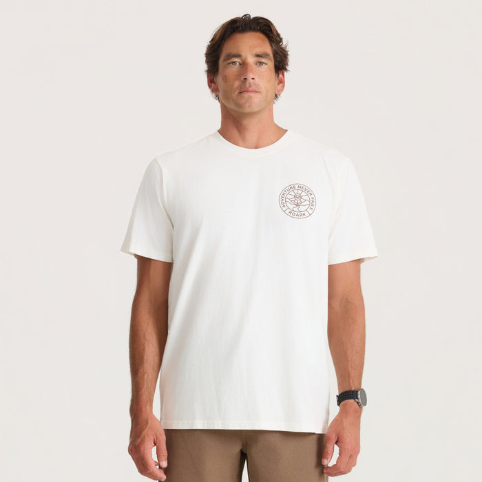 White Division Premium Tee with circular chest logo worn by man against neutral background