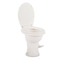 White Dometic 410 Tall RV Toilet - Front View with Seat Open | United RV Parts