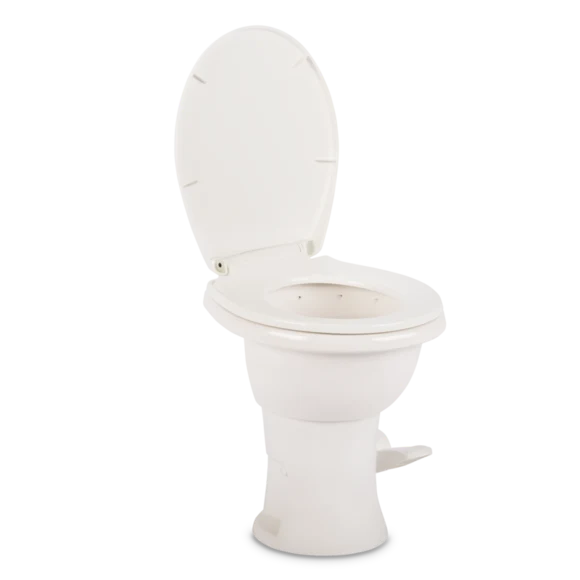 White Dometic 410 Tall RV Toilet - Front View with Seat Open | United RV Parts